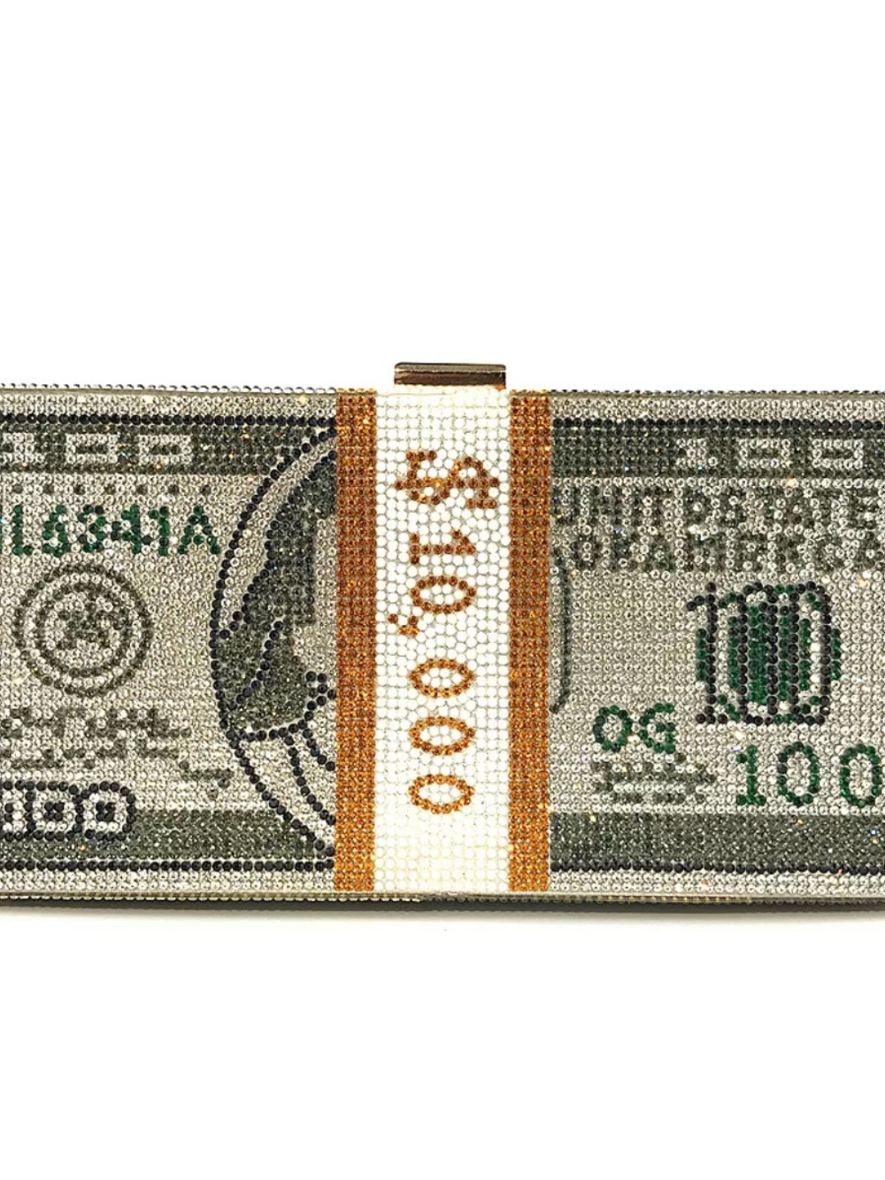 & Other Stories Crystal-Embellished Money Print Clutch in Green, White, Gold